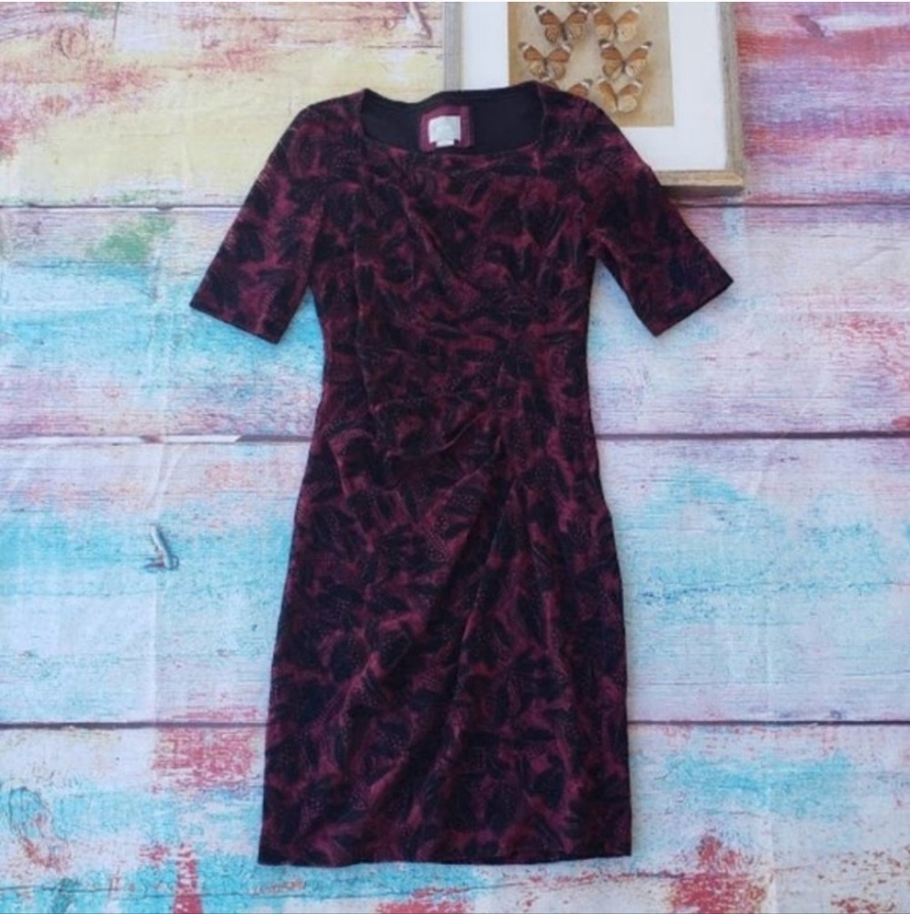Anthropologie Maeve Elorn Burgundy Draped Front Lace Fitted Sheath Dress 8US - Picture 2 of 7